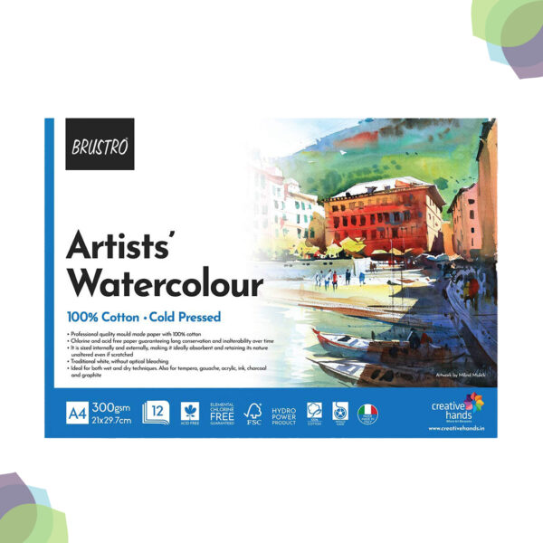 BRUSTRO Watercolour Glued Pads 300 GSM ( 12 sheets) 25 Cotton Watercolour Paper 300 GSM A3 Glued Pad 1