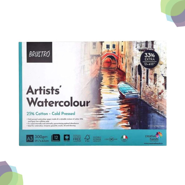 BRUSTRO WaterColour Cold Press Glued Pads 300gsm Artist 100 Cotton Watercolour Pad