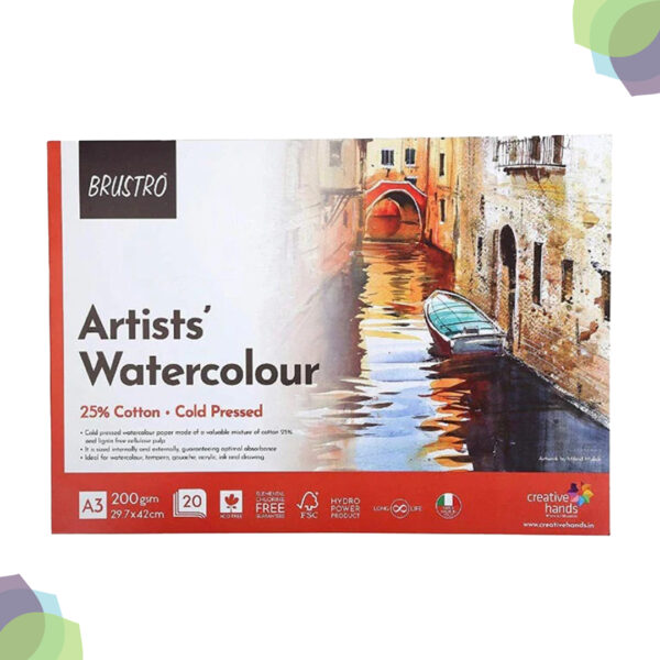 BRUSTRO WaterColour Cold Press Glued Pads 200gsm Artist 25 Cotton Watercolour Glued Pad