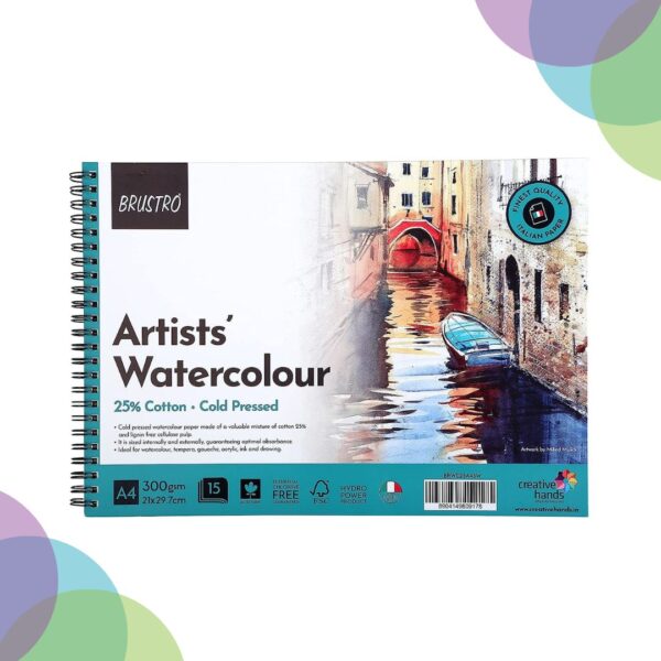 BRUSTRO WaterColour Wiro Pad A4 300gsm 15sheets BRUSTRO Artist Watercolour Pad 25 Cotton 300 GSM A4 Wiro