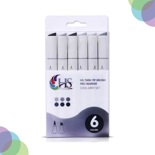 HS Twin Tip Brush Pro Markers Set Of 6 Cool Grey HS 6 pc Cool Grey