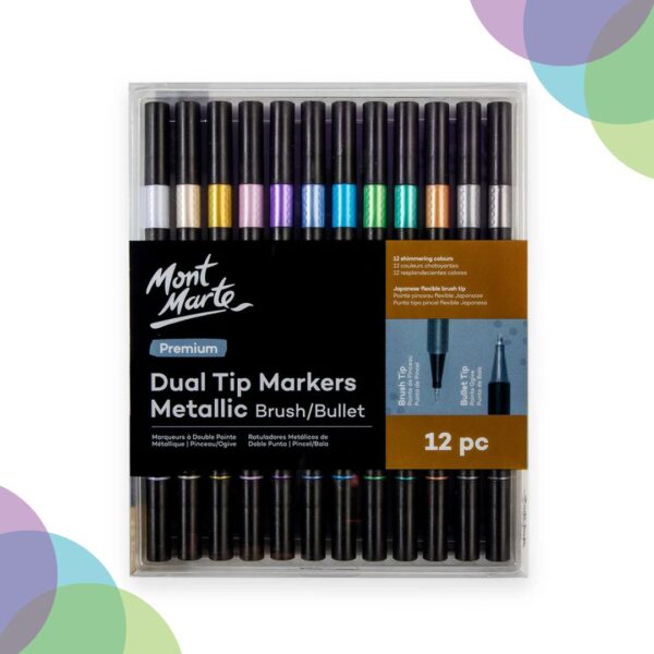 Mont Marte Dual Tip Markers Brush & Bullet Metallic 12pc